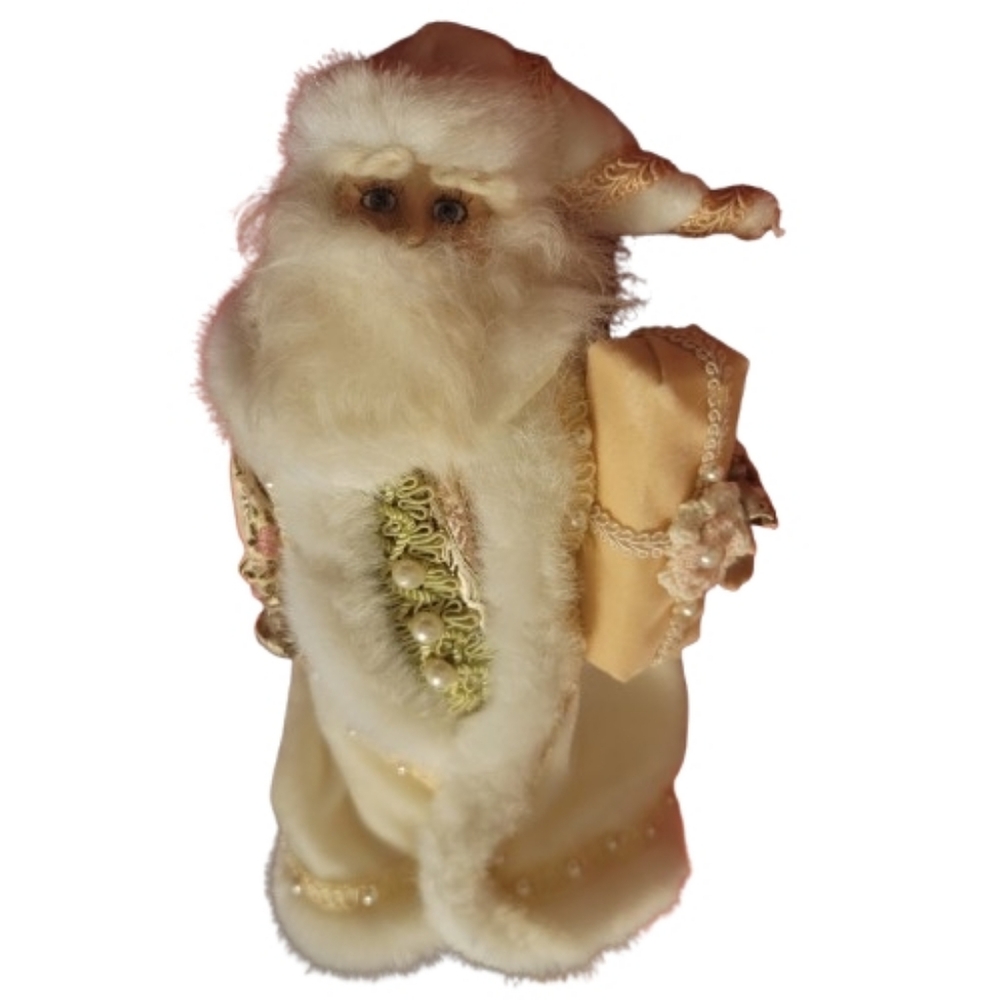 Celebrate It Festive Santa Claus Figurine Vintage with White Beard Holding Gift